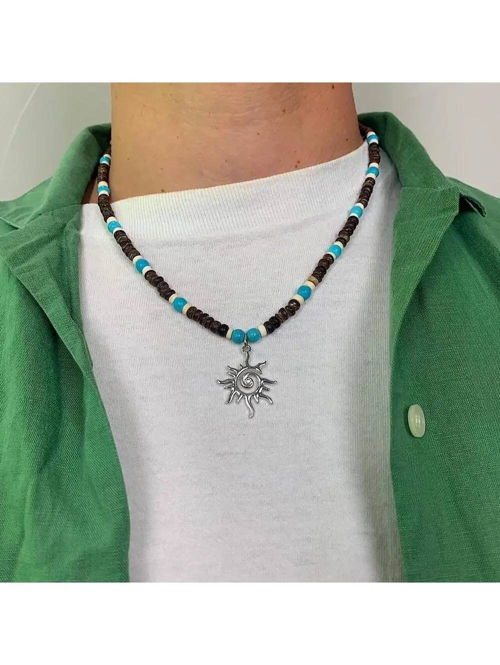 Y2k 2000s style Wood Beaded dark brown and blue mixed wood Necklace with Cyber